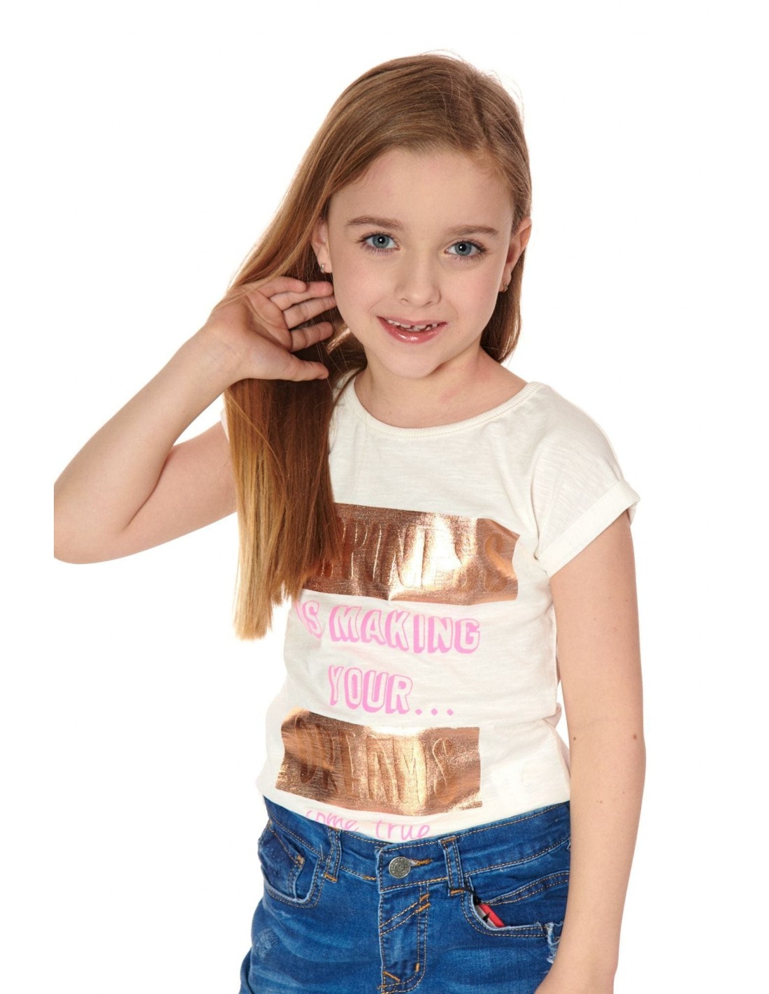 Girls\' T-shirt with inscriptions, cream, NDZ8194 - Online store - Boutique